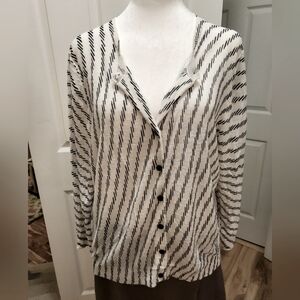 LOFT 3/4 sleeve lightweight cardigan, white with black hash marks, XL